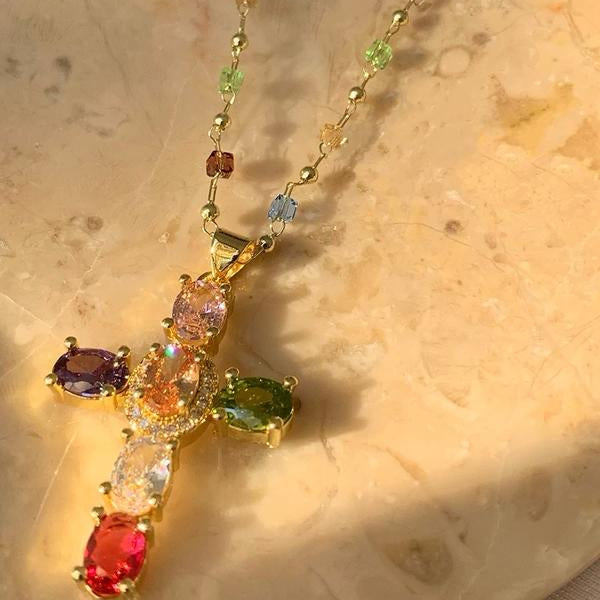 Rainbow Crystal Cross Pendant Necklace