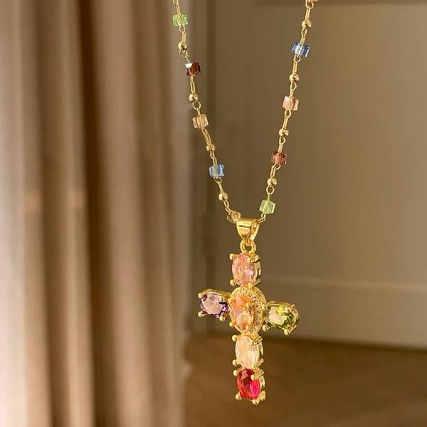 Rainbow Crystal Cross Pendant Necklace