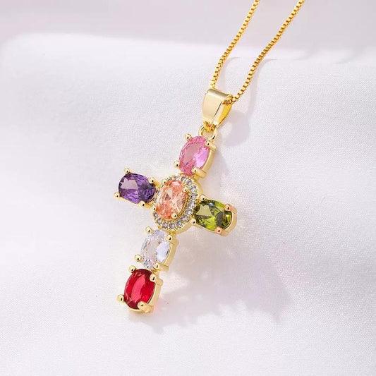 Rainbow Crystal Cross Pendant Necklace